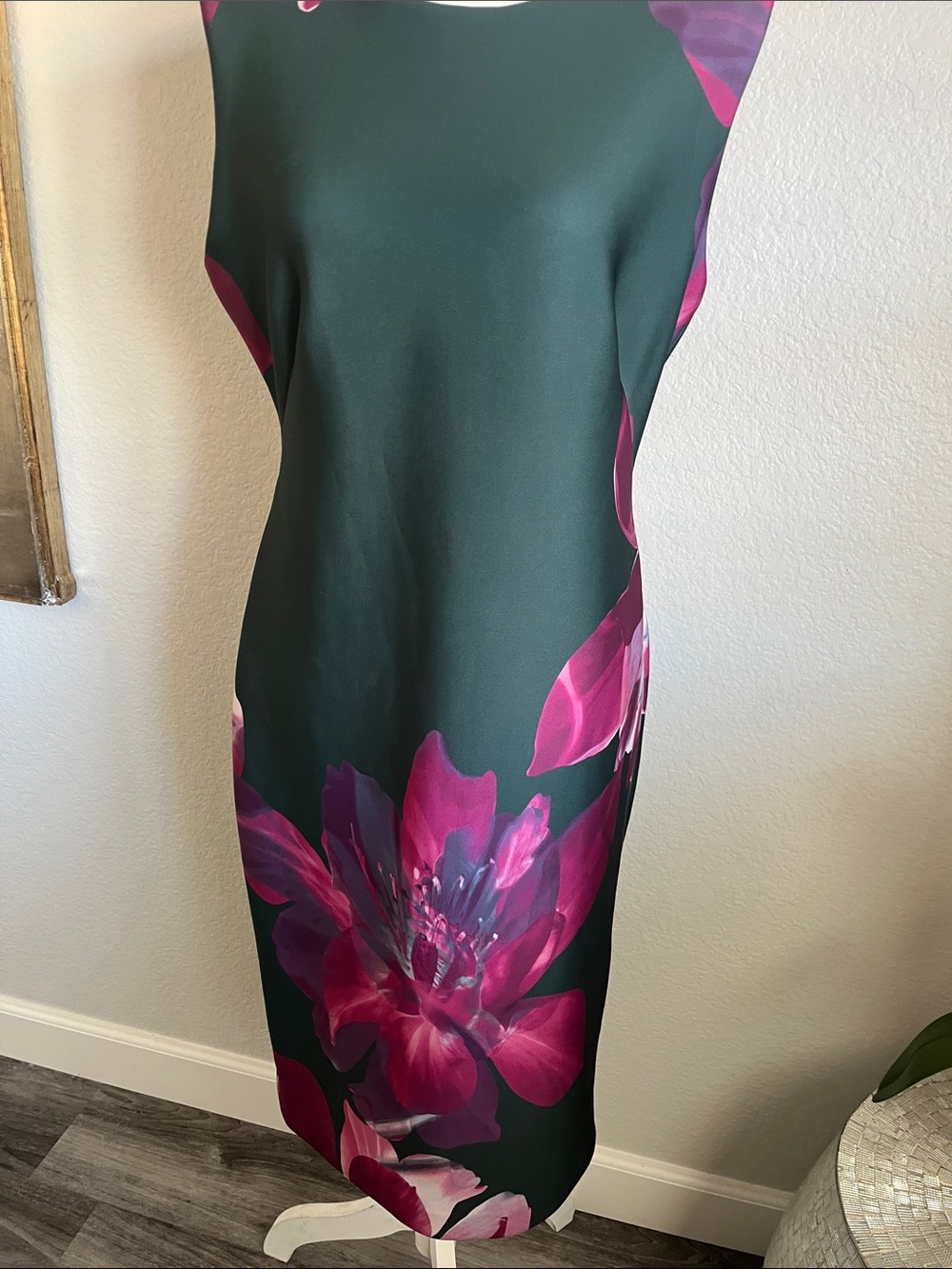 Calvin Klein Dark Green Sheath Dress with Pink Floral Accents